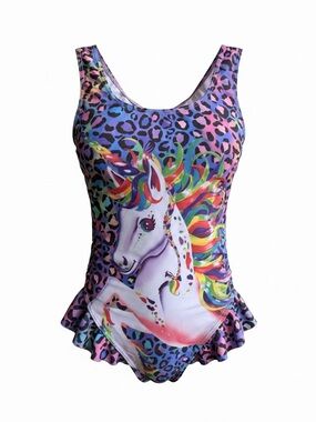 Rainbow Unicorn Print Ruffled Hem One-Piece Swim